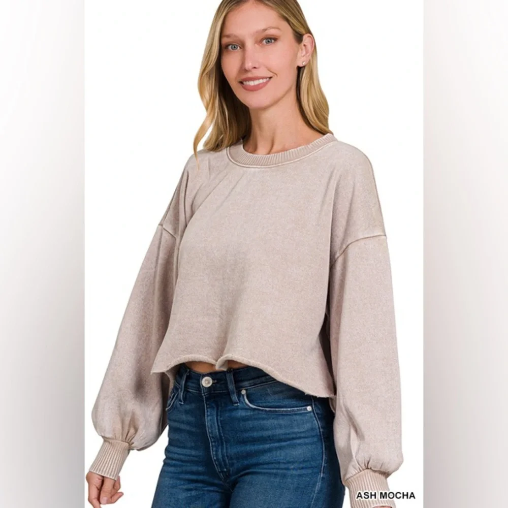 NEW! Zenana Acid Wash Fleece Cropped Pullover - Picture 1 of 3